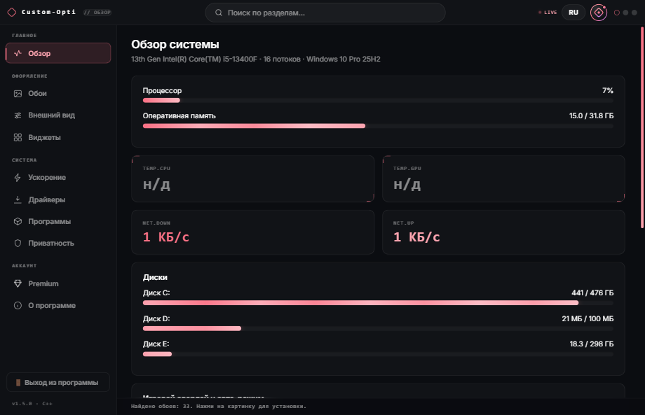 Custom-Opti: мониторинг процессора, памяти, дисков и сети в реальном времени